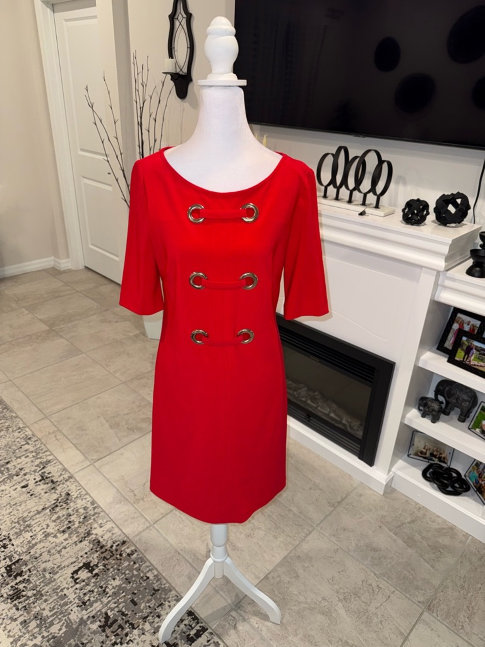 NWT Joseph Ribkoff Bold Red Eyelet-Trim Midi Dress Size 8 - Picture 2 of 8
